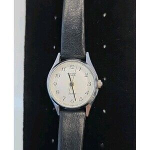 Citizens Ladies Vintage Quartz Watch Silvertone Casing & Black Leather Band